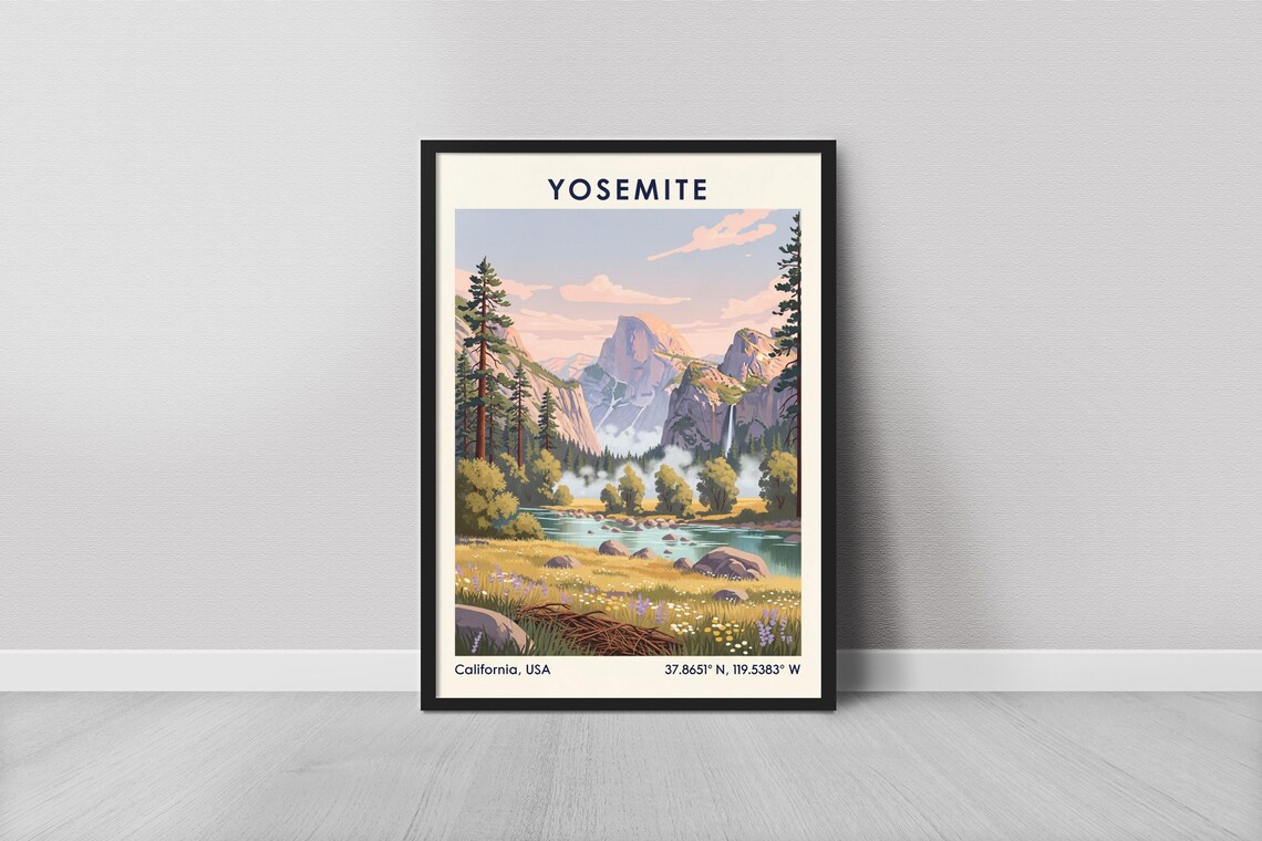 Yosemite California Half Dome Waterfall Valley Vintage Travel Poster