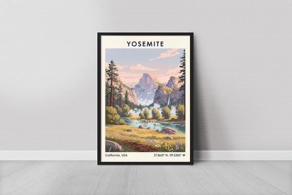 Yosemite Art Print Vintage Travel Green And Blue Mixed Media