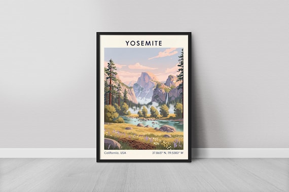 Yosemite California Half Dome Waterfall Valley Vintage Travel Poster
