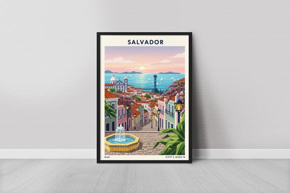 Salvador Art Print Minimalist Blue Ocean And Pink Sunset Bright Colonial Streets