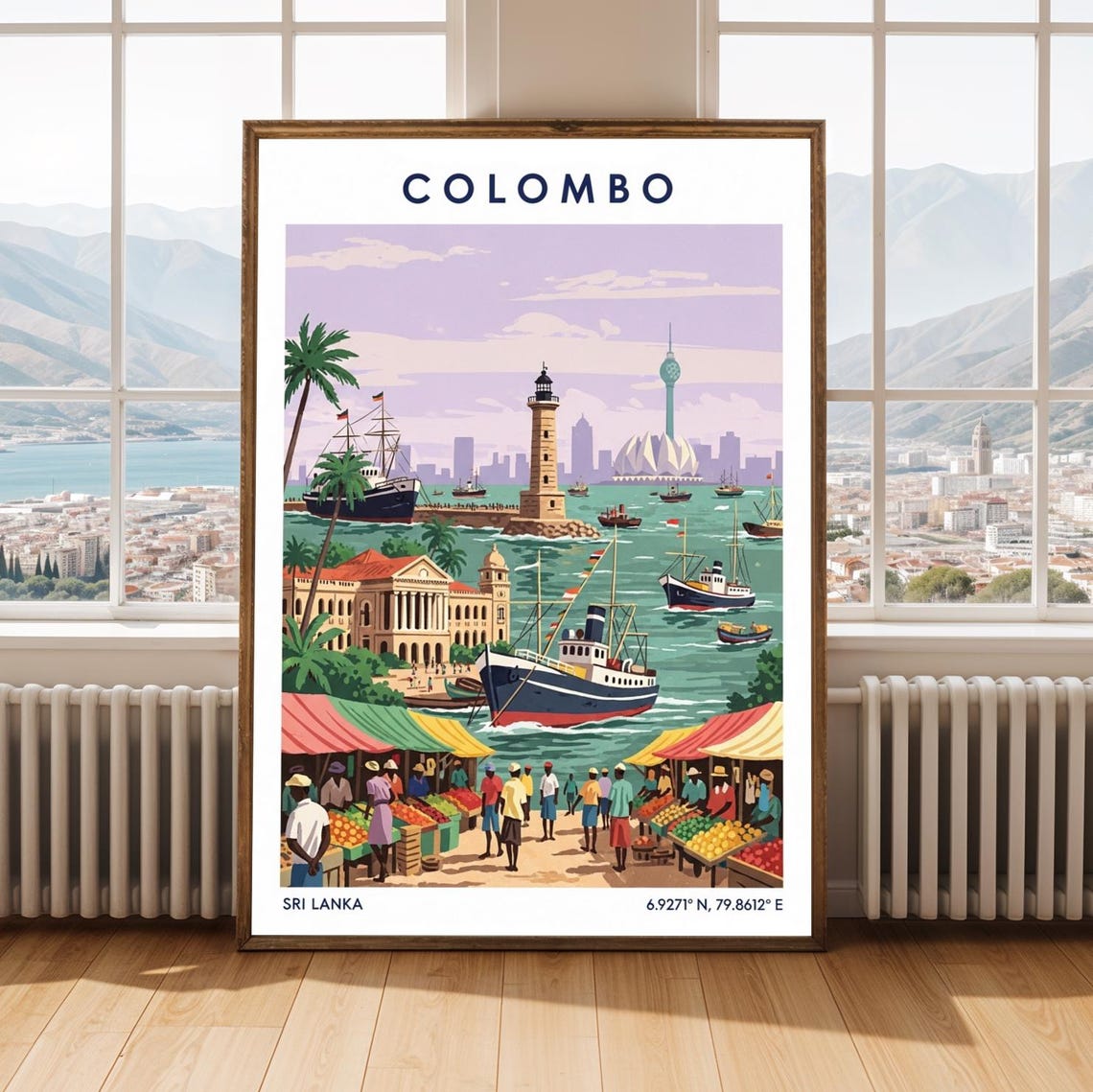 Colombo Sri Lanka Harbor Lighthouse Market Vintage Travel Poster