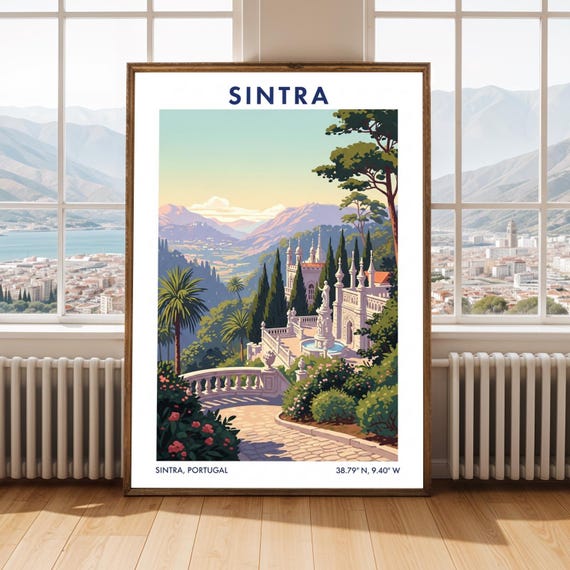 Mediterranean Hillside Landscape And Pastel Travel Poster Portuguese Illustration