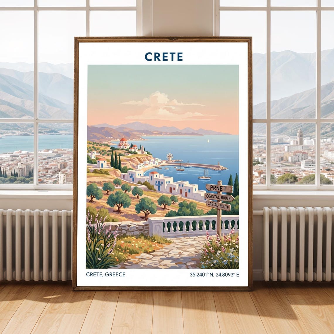 Crete Greece Harbor Coastal Town Sunset Vintage Travel Poster