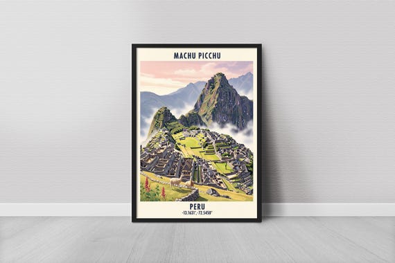 Machu Picchu Art Print Vintage Travel Green Hills And Stone Gray Peru