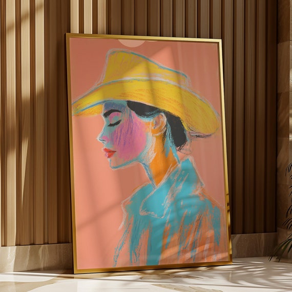 Cowgirl Portrait Painting Abstract Colourful Cowgirl Wall Art Mid Century South Western Print Dopamine Wall Art W19
