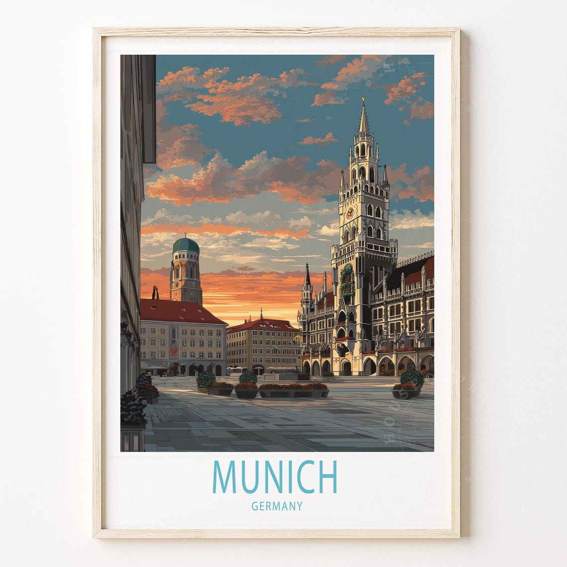 Munich Germany Historic Marienplatz Town Hall Sunset Travel Poster