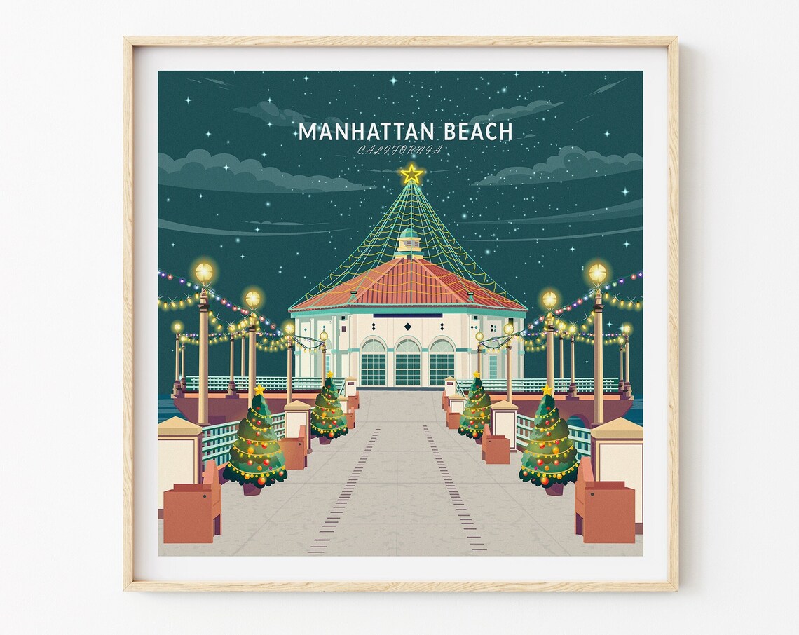 Cozy Manhattan Beach Pier Holiday Christmas Lights Night Poster - Image 3