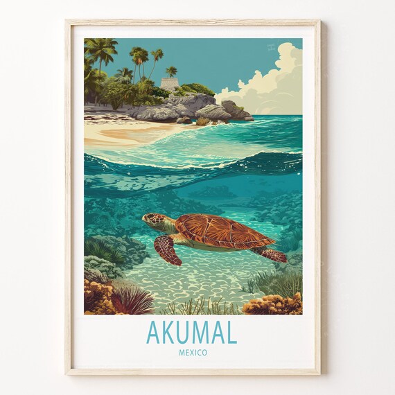 Akumal Mexico Sea Turtle Reef Beach Rock Cove Retro Travel Poster