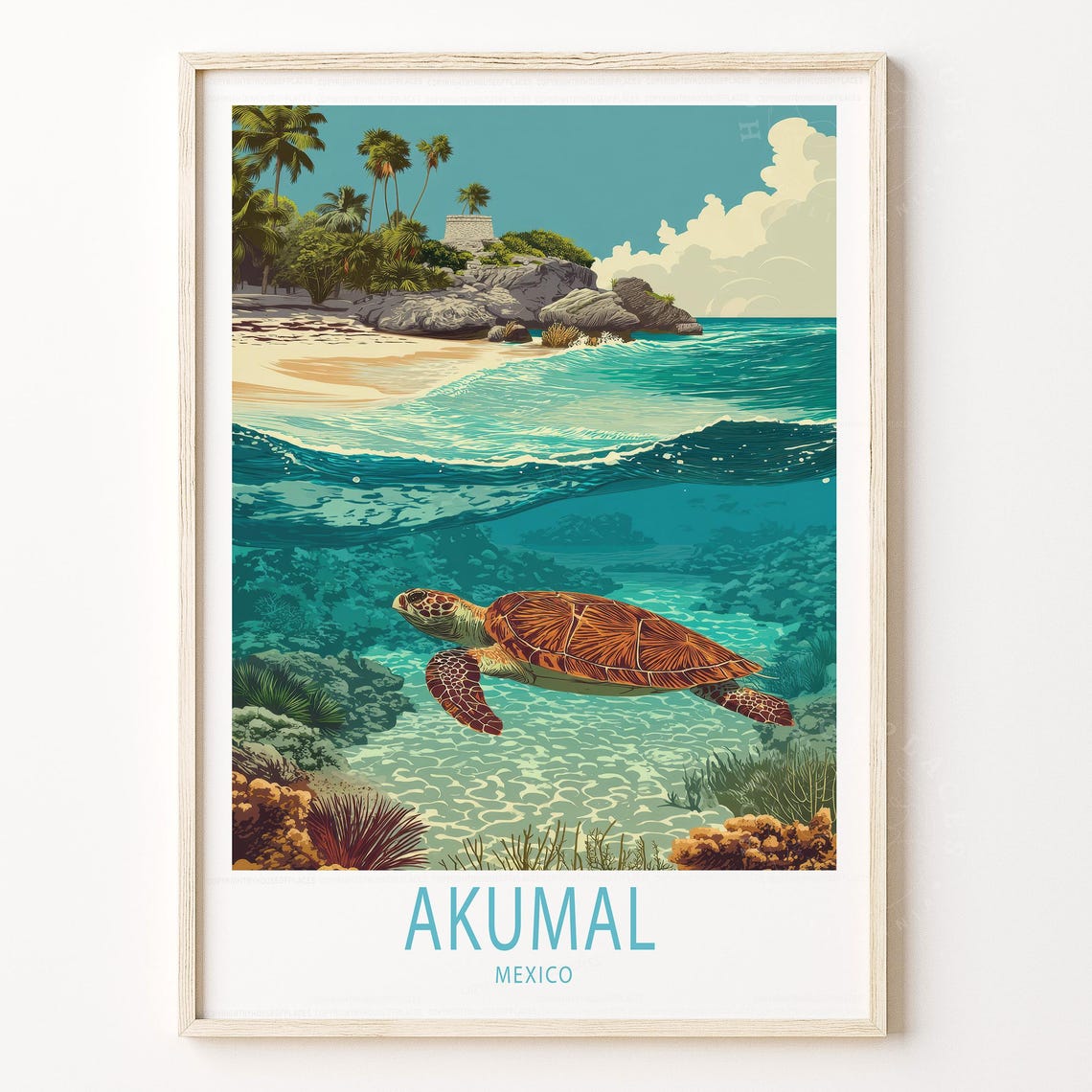 Akumal Mexico Sea Turtle Reef Beach Rock Cove Retro Travel Poster