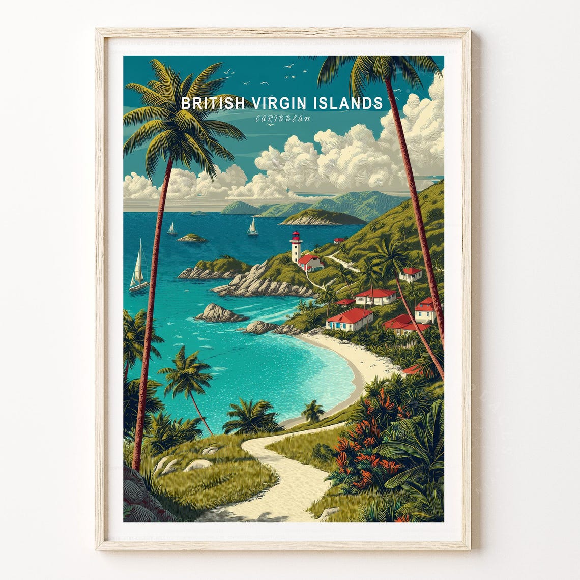 British Virgin Islands Caribbean Palm Framed Bay Sailboats Poster