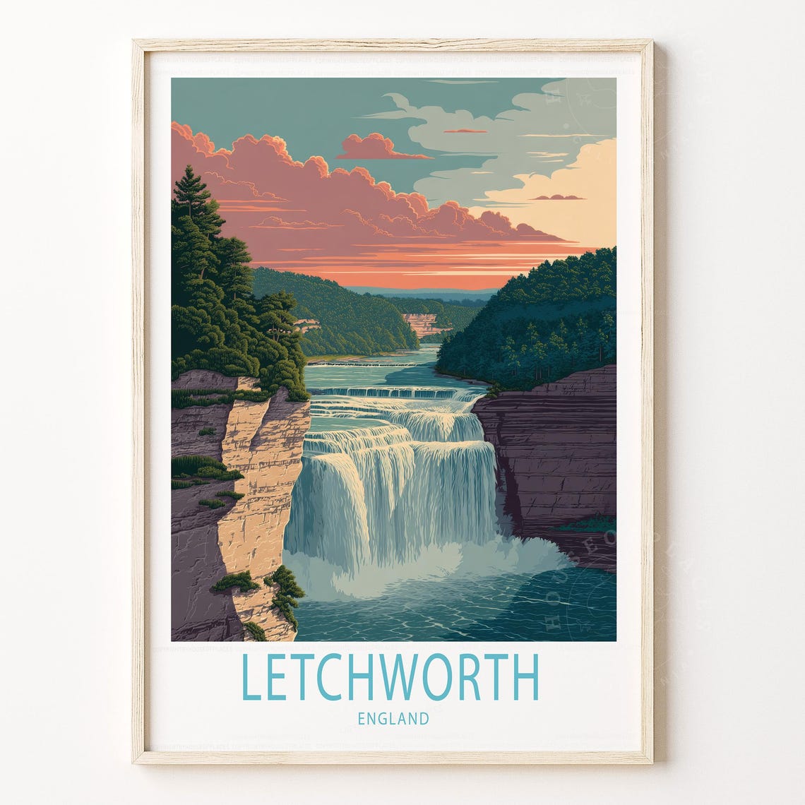 Letchworth England Waterfall Poster Canyon Cliffs Sunset Cloud Scene