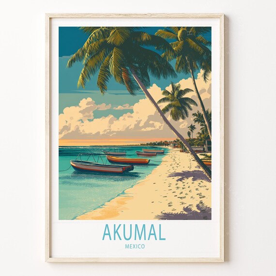 Akumal Mexico Leaning Palms Boat Shore Sandy Beach Travel Poster