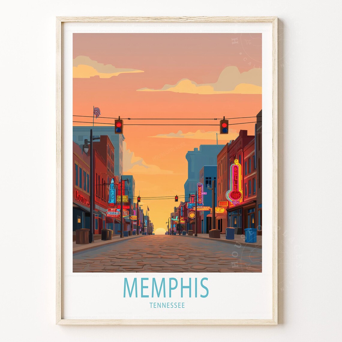 Memphis Tennessee Sunset Beale Street Neon Retro Art Travel Poster