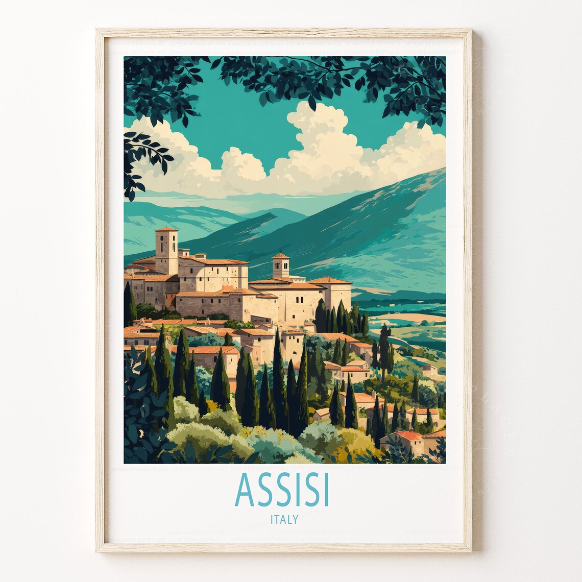 Assisi Italy Retro Hilltop Town Travel Poster Cypress Trees Scene
