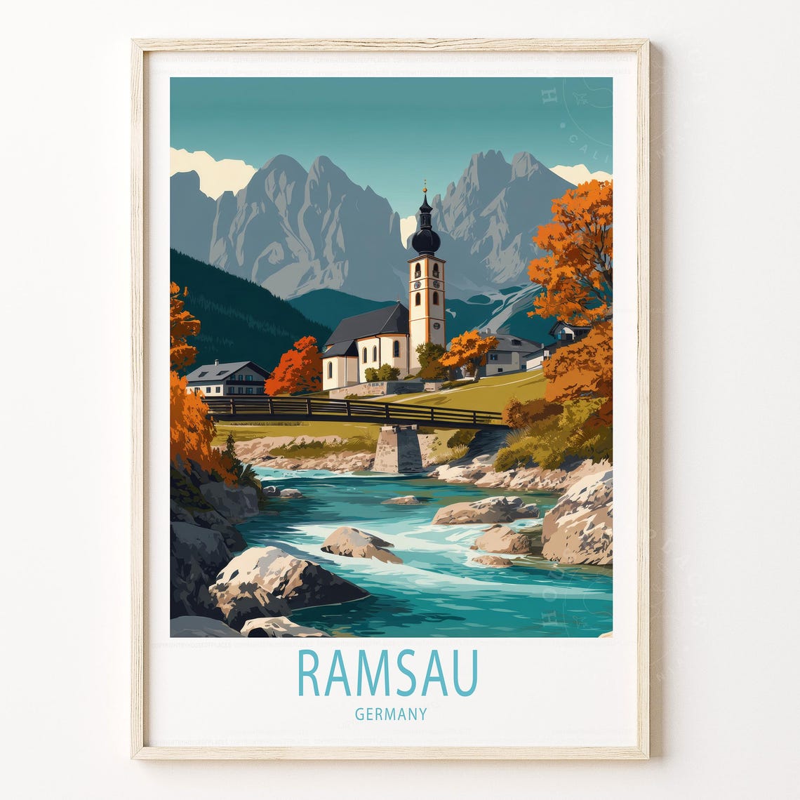 Ramsau Germany Travel Poster with Alpine Church Bridge and River Scene
