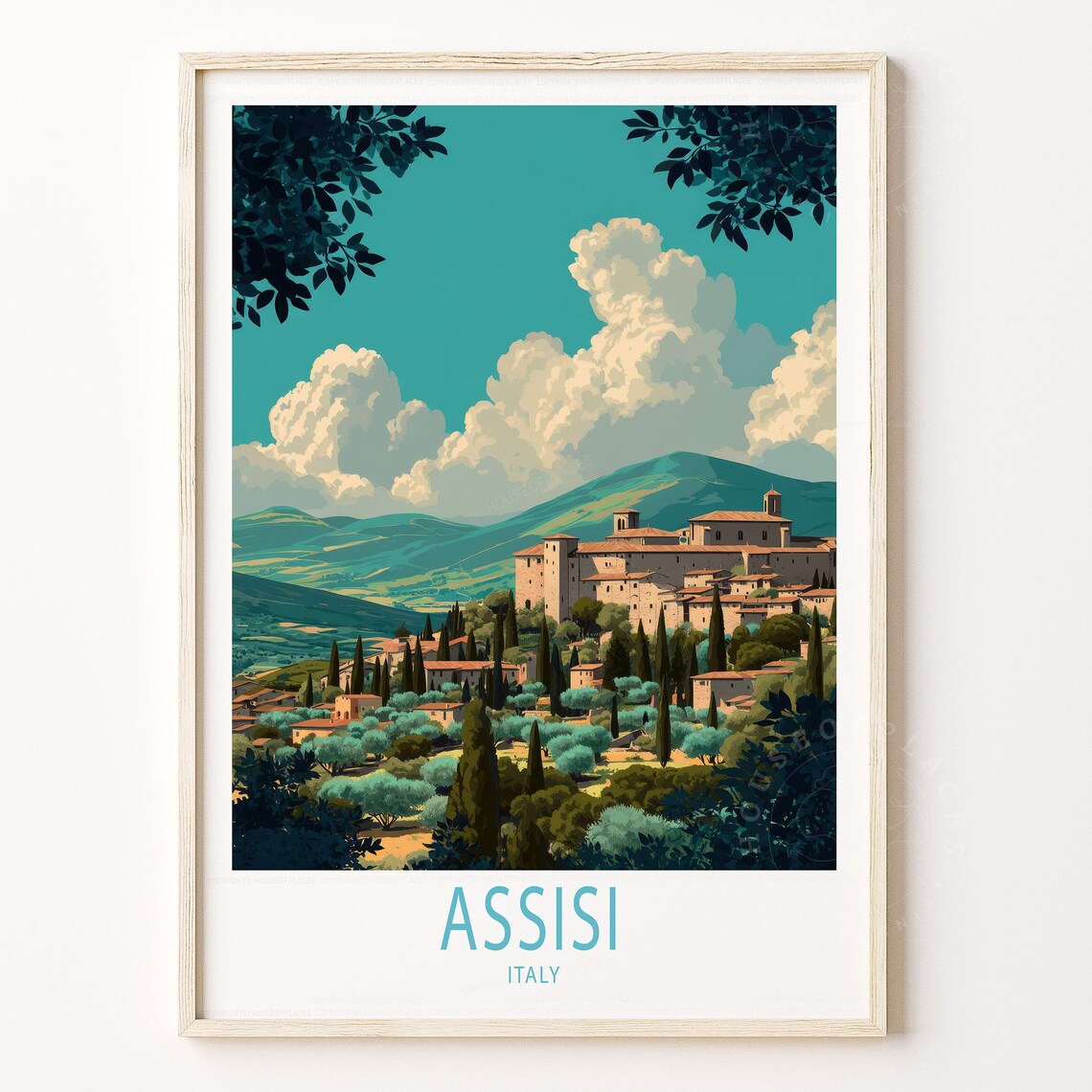Assisi Italy Hilltop Town Cypress Trees Vintage Travel Poster