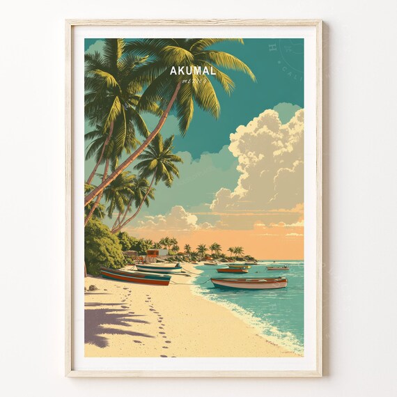 Akumal Mexico Palm Beach Boats Golden Hour Retro Travel Poster