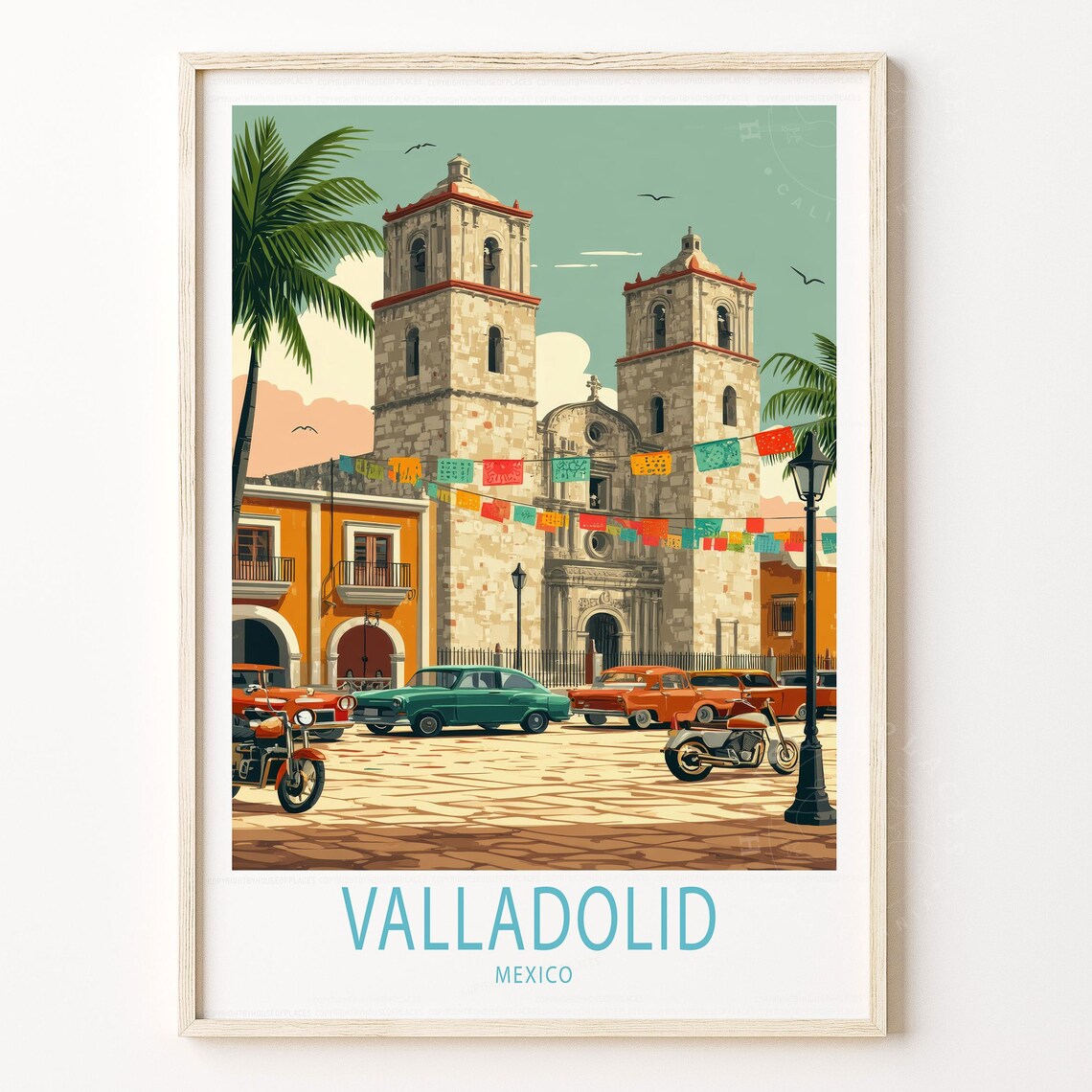 Valladolid Mexico Historic Church Plaza Vintage Cars Travel Poster
