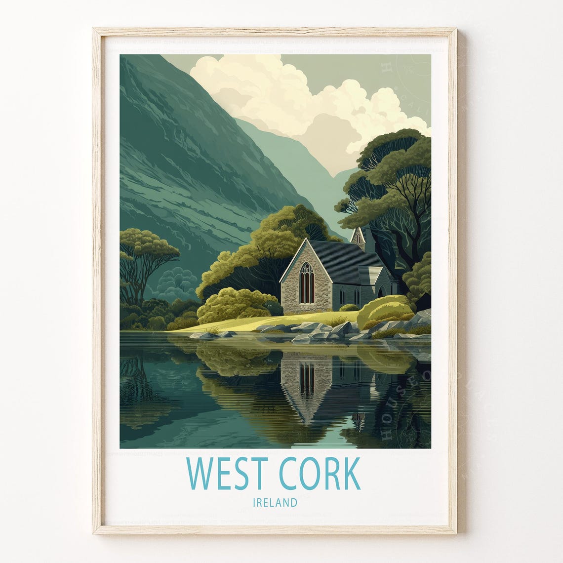 West Cork Ireland Travel Poster with Lakeside Church and Green Hills