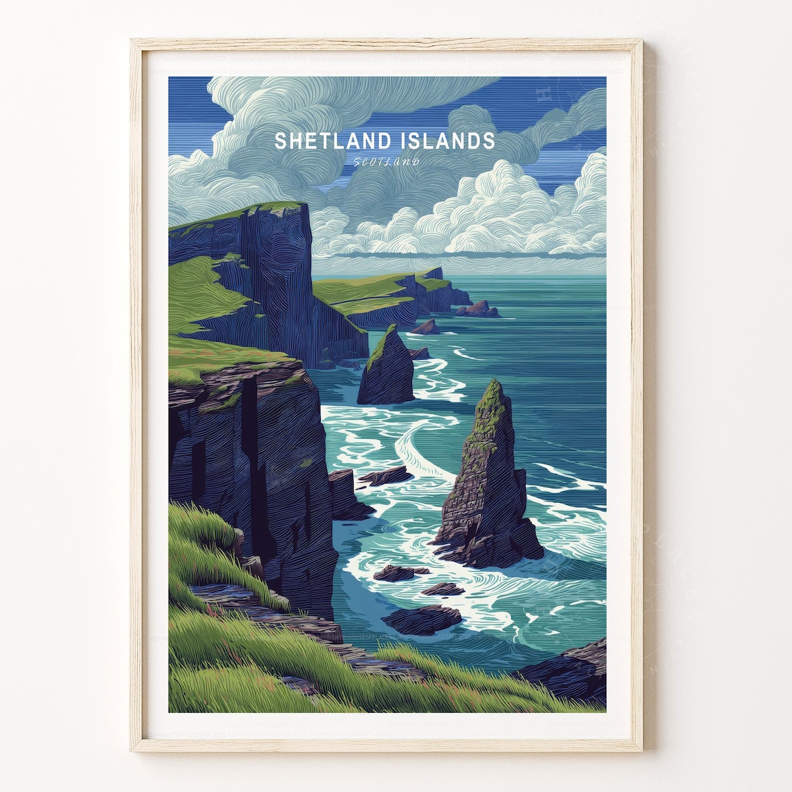 Shetland Islands Scotland Vintage Coastal Cliffs Travel Poster