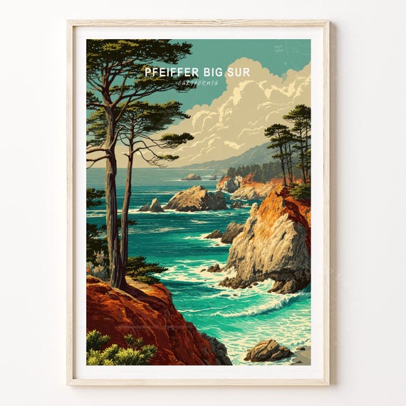 Pfeiffer Big Sur Travel Poster Retro California Coast Turquoise Waves