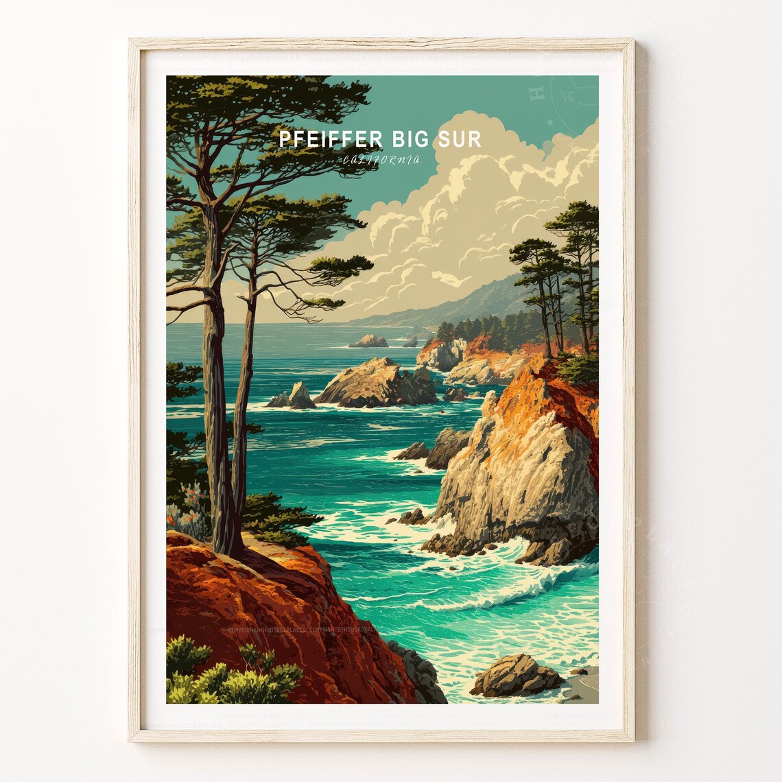 Pfeiffer Big Sur Travel Poster Retro California Coast Turquoise Waves