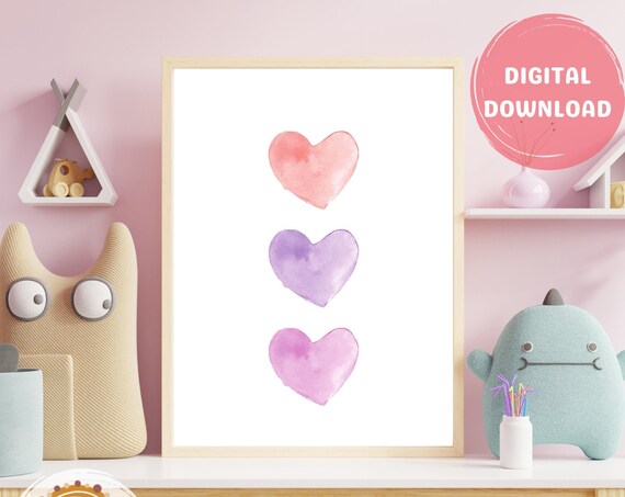 Pink And Purple Watercolor Hearts Sweet Boho Baby Nursery Poster