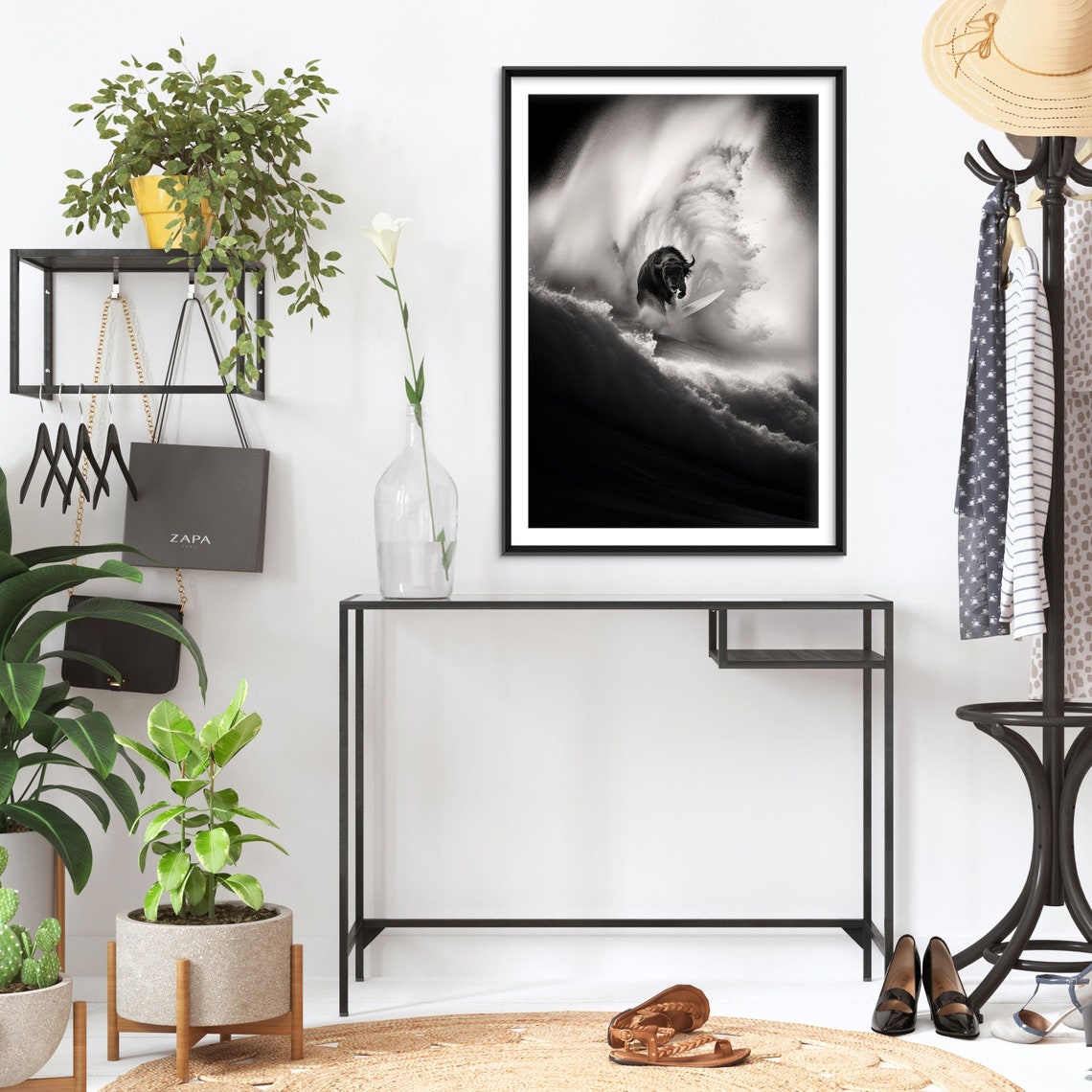 Bison Riding a Surfboard Inside a Curling Wave Black and White Poster - Image 2