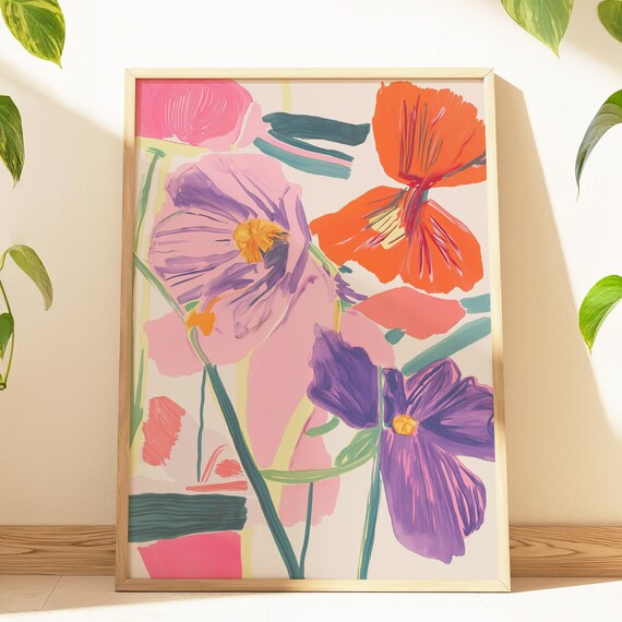 Abstract Floral Wall Art Print Colorful Modern Flower Painting Poster For Living Room Or Bedroom Decor