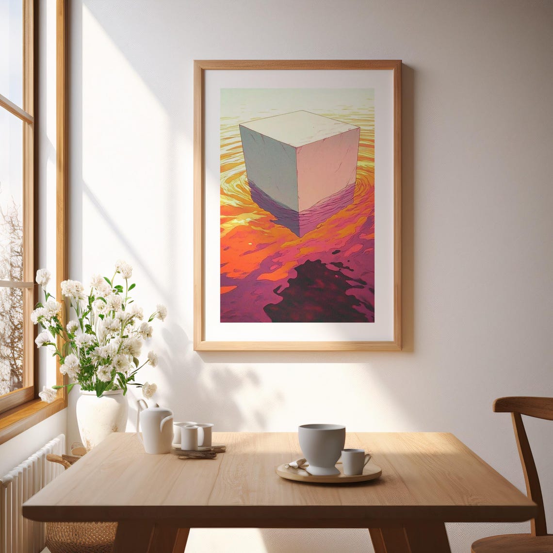 Geometric White Cube Floating On Vivid Sunset Ocean Art Poster
