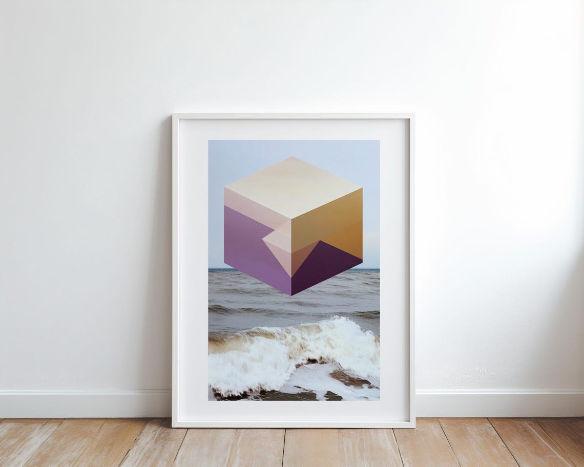Floating Pastel Cube Over Ocean Waves Surreal Seascape Poster
