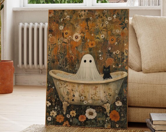 Ghost and Black Cat Bubble Bath Art Poster Vintage Halloween