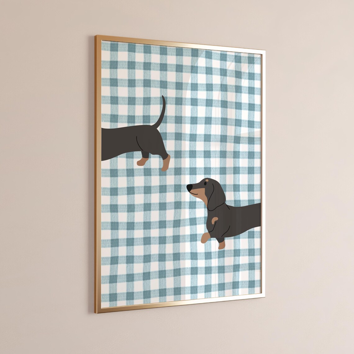 Dachshund Pair Blue Plaid Playful Dog Breed Nursery Decor Poster