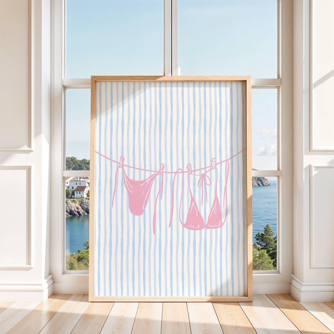Pink Bikini on a Clothesline Blue Striped Beach Summer Art Print