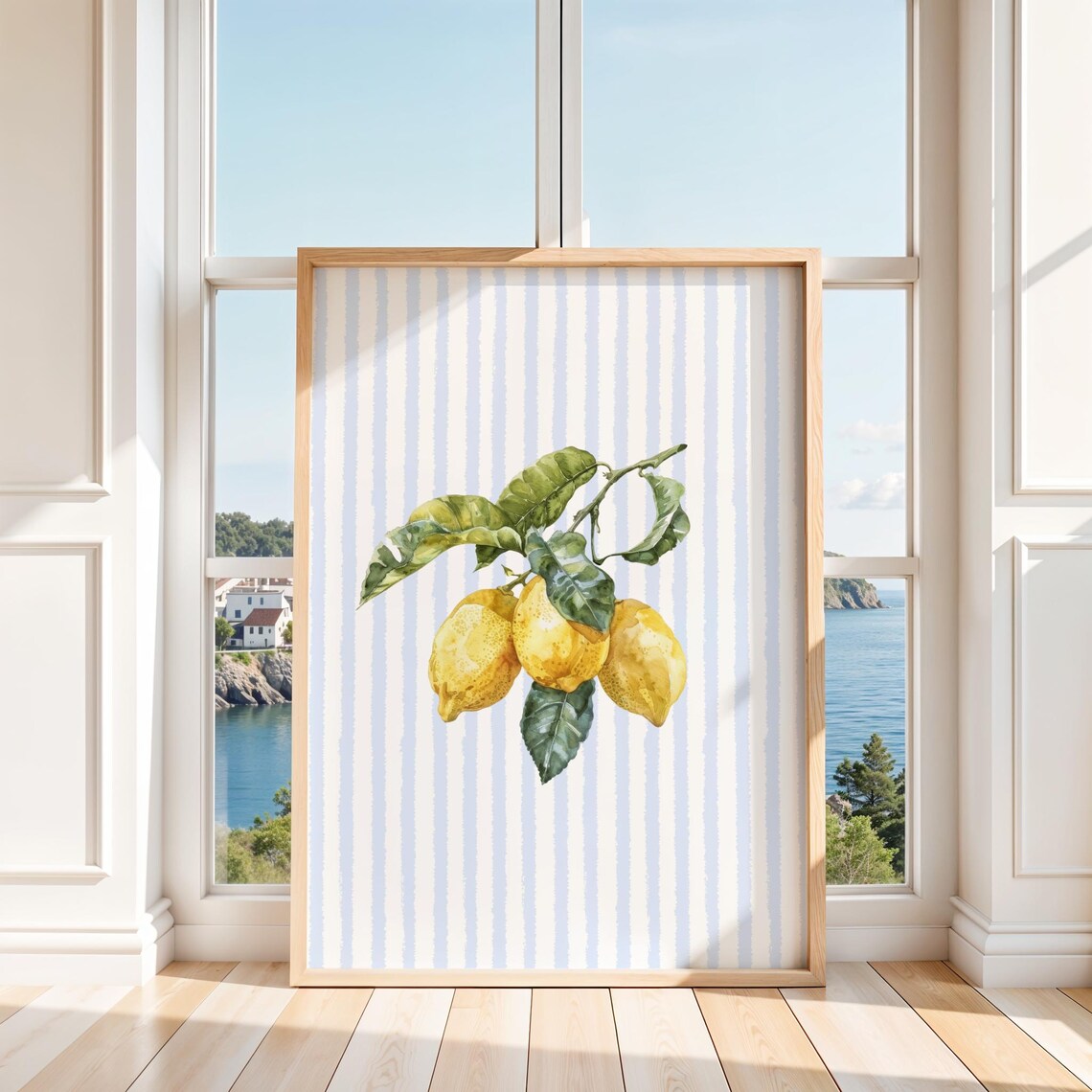 Lemon On Blue Stripe Coastal Kitchen Art Print