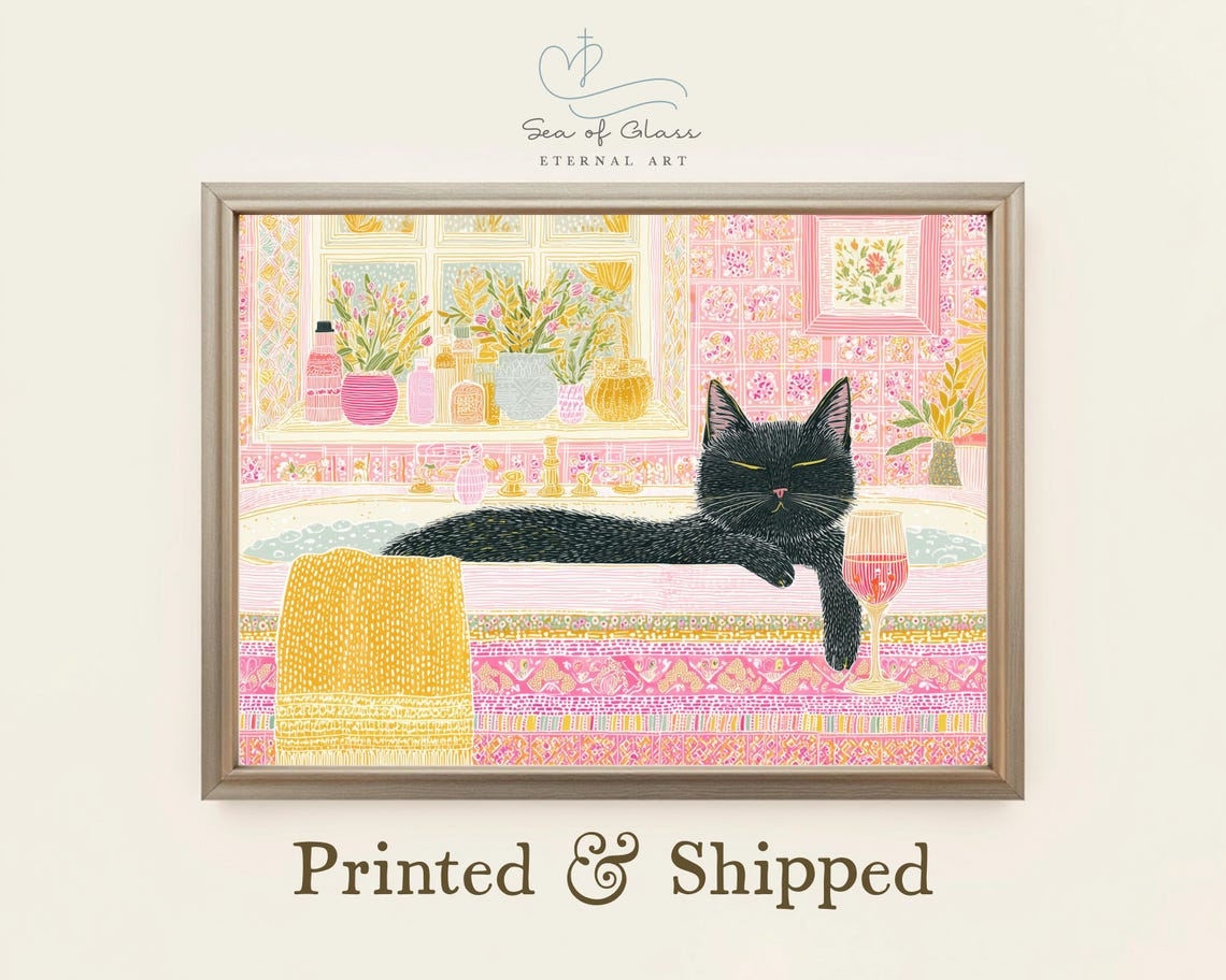 Black Cat Bath Time Whimsical Pink Bathroom Wine Glass Kitty Poster