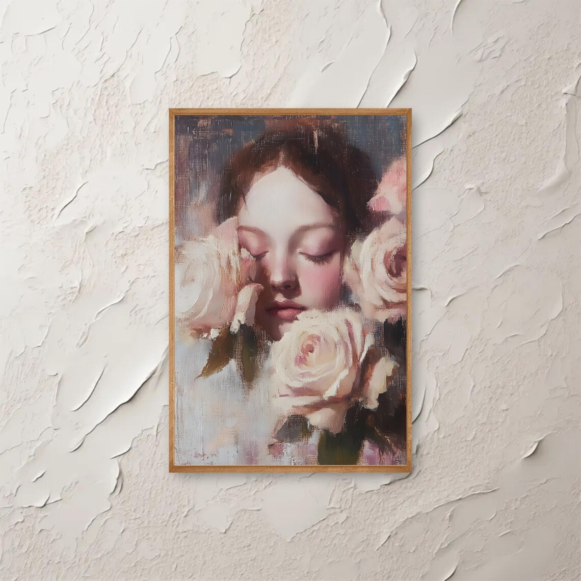 Woman With Closed Eyes Among Pale Blush Roses Romantic Painting Poster