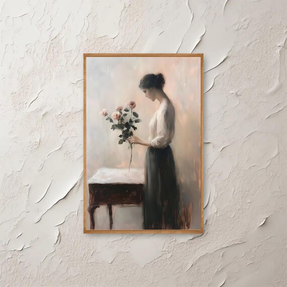 Woman Holding Pink Roses Soft Impressionist Romantic Art Poster