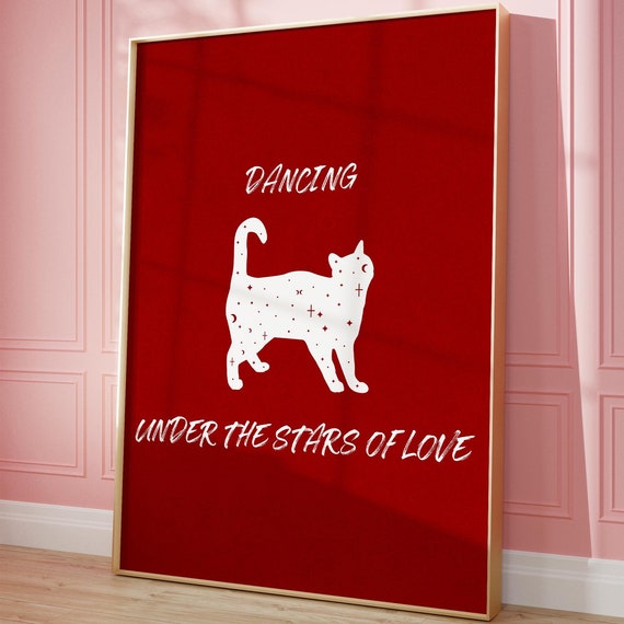 Dancing Under The Stars Print Red Wall Art Trendy Retro Newspaper Home Cat Preppy Poster Love Gift