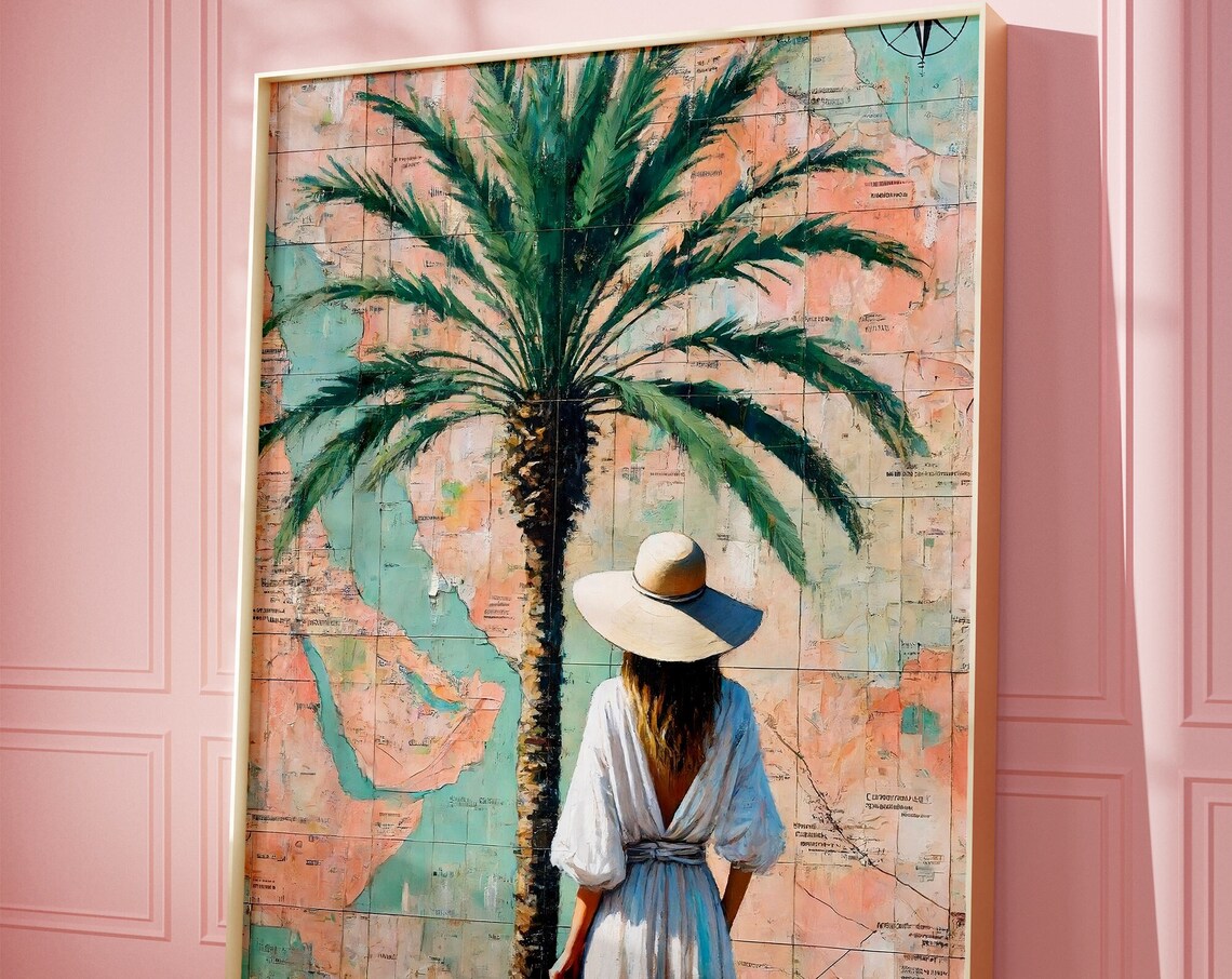 Woman Sun Hat Palm Tree Vintage Map Wanderlust Travel Poster