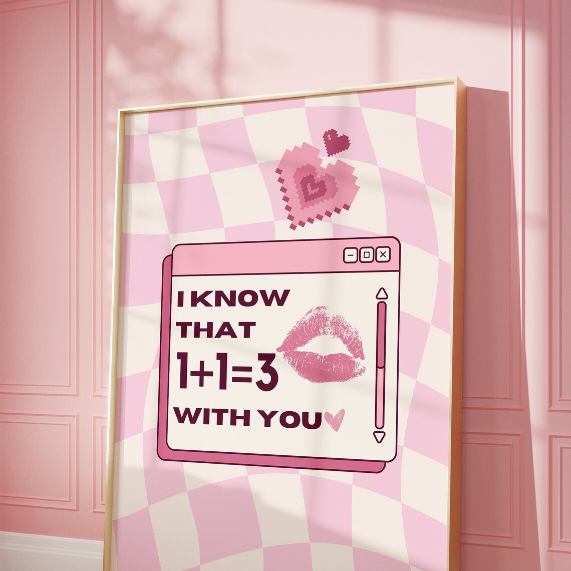1+1 = 3 Love Wall Art 1+1= 3 Trendy Poster Bar Cart Art Print Aesthetic Decor Love Quote Pink Wall Art Trendy Retro Love Heart