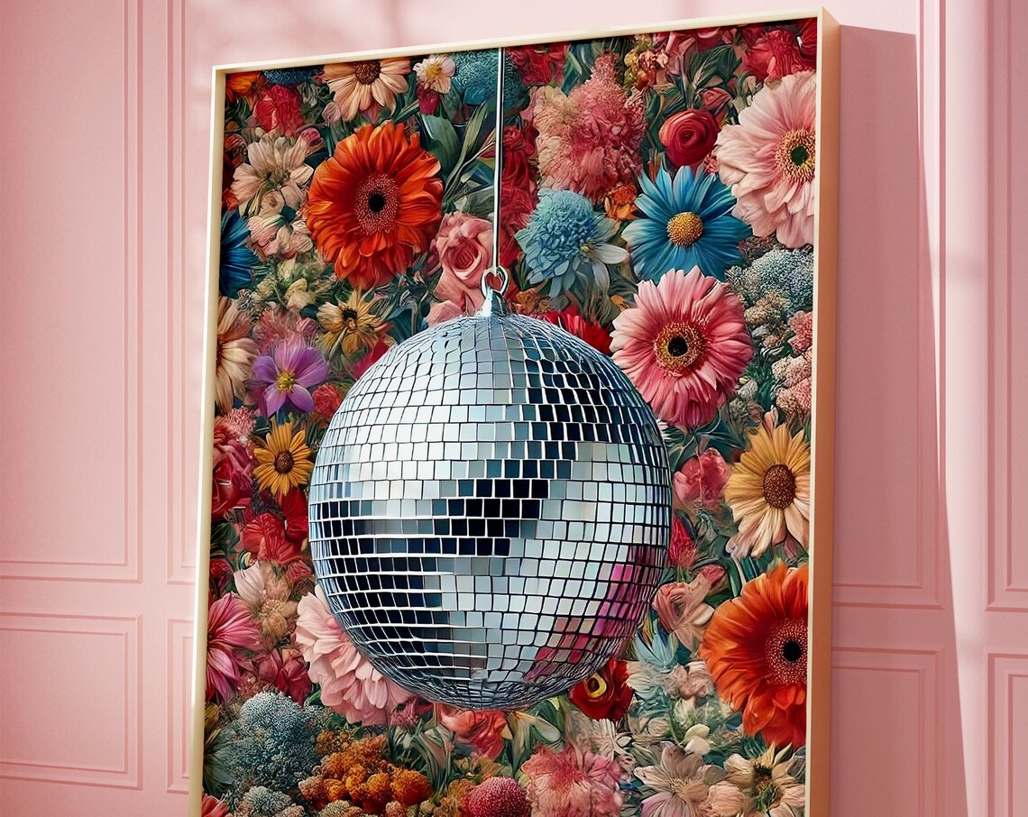 Disco Ball Hanging Floral Garden Colorful Funky Retro Art Poster
