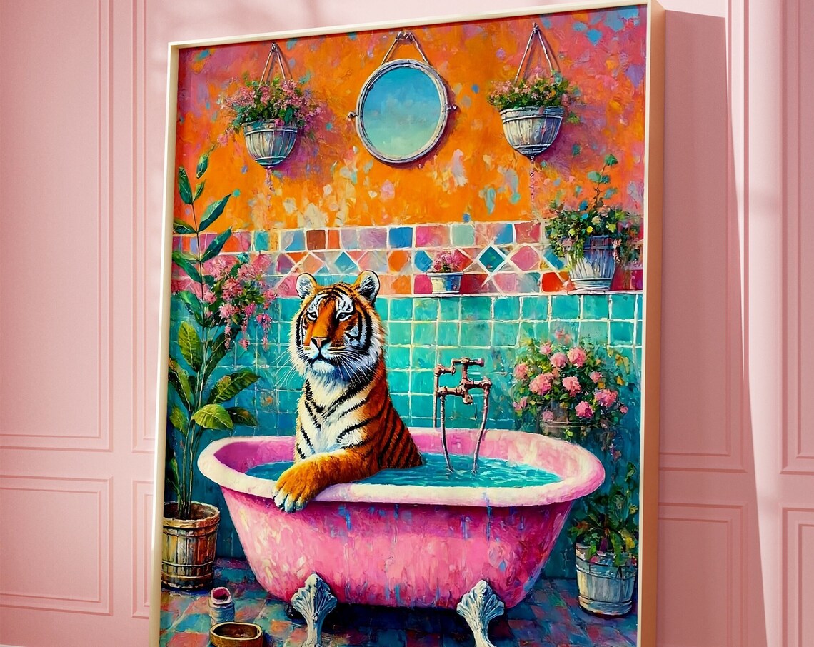 Tiger In A Bathtub, Maximalist Oil Painting Poster