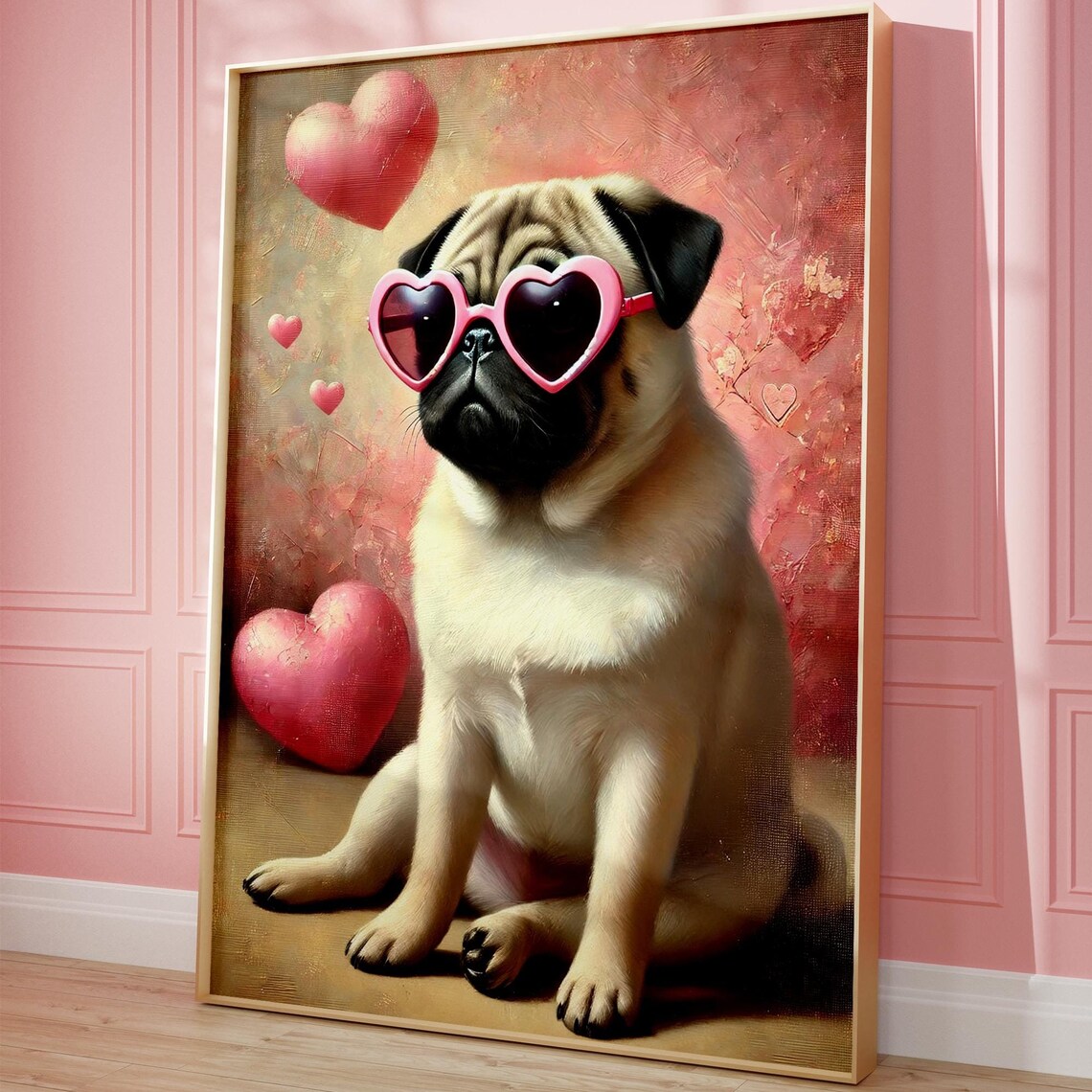 Pug Puppy Pink Heart Sunglasses Valentine Dog Painterly Poster