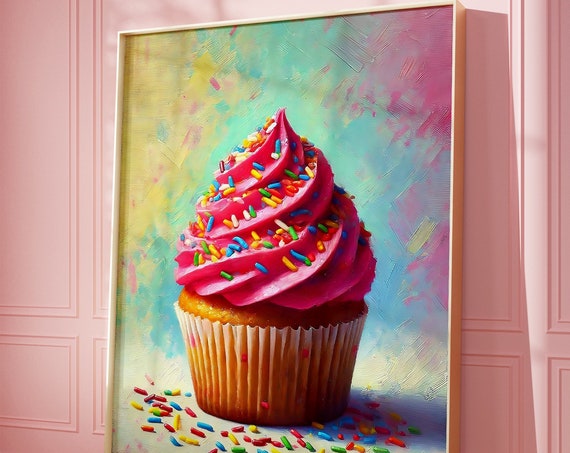 Pink Cupcake Art Print Cupcake Wall Art Retro Food Art Poster Sprinkles Foodie Art Kitchen Art Print Foodie Gift