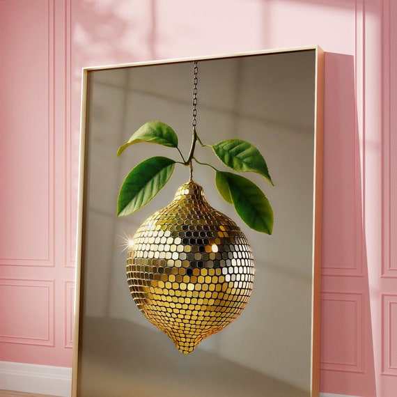 Retro Lemon Disco Mirror Ball Print Mirror Ball Bar Cart Poster Preppy Citrus Fruit Ball Wall Art Funky Food Home Decor Disco Ball Print