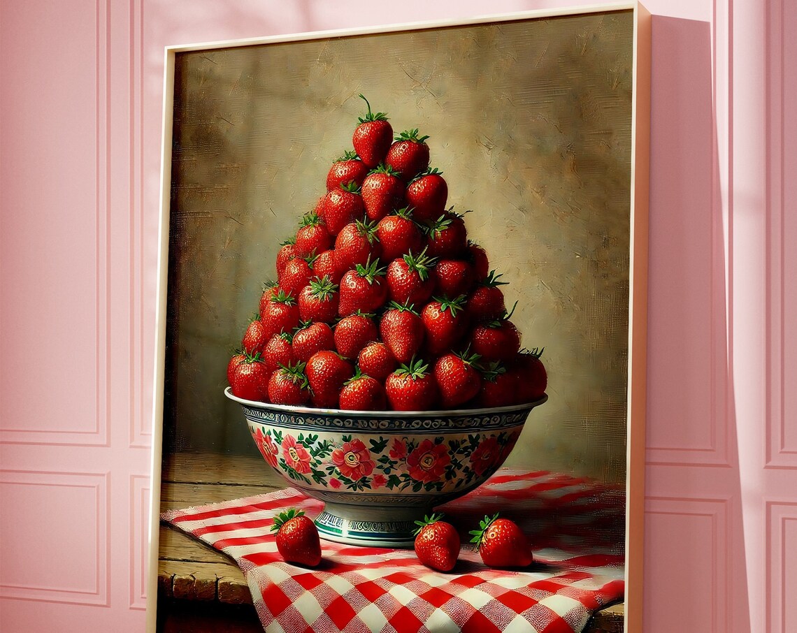 Overflowing Strawberry Bowl Classic Oil Painting Style Poster