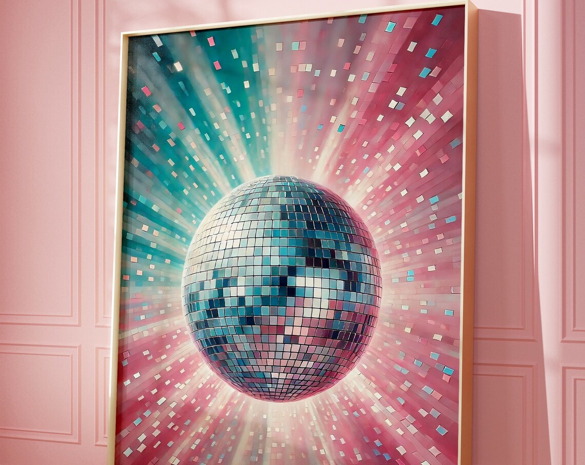 Pink Disco Ball Retro 70s Party Funky Maximalist Decor Wall Art