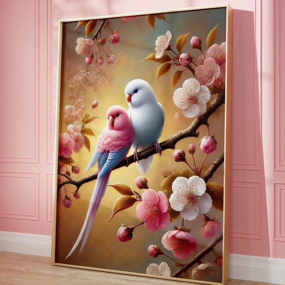 Love Birds Parakeets on Blossom Branch Romantic Bird Wall Art