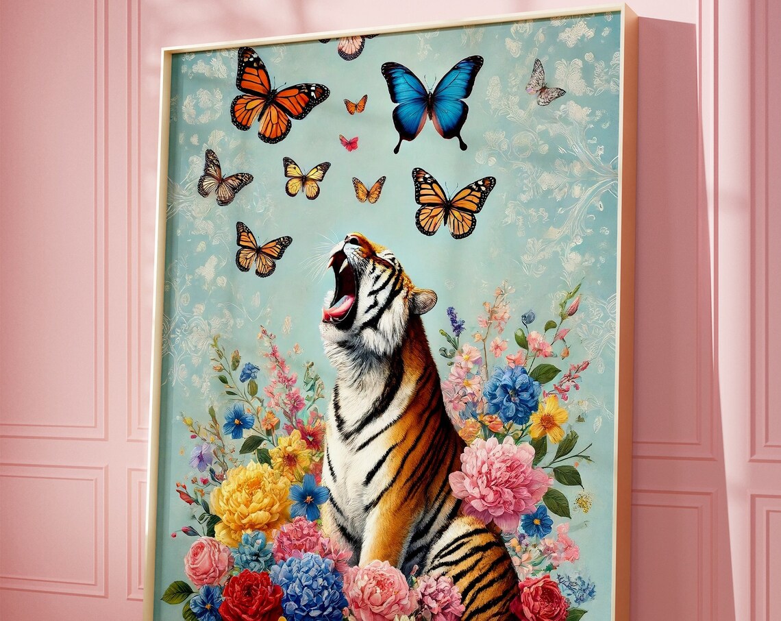 Yawning Tiger Roaring Among Butterflies And Colorful Flowers Poster